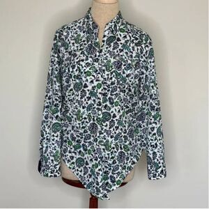 Jones New York Long Sleeve Button Up Paisley Blue Green Blouse Size PM